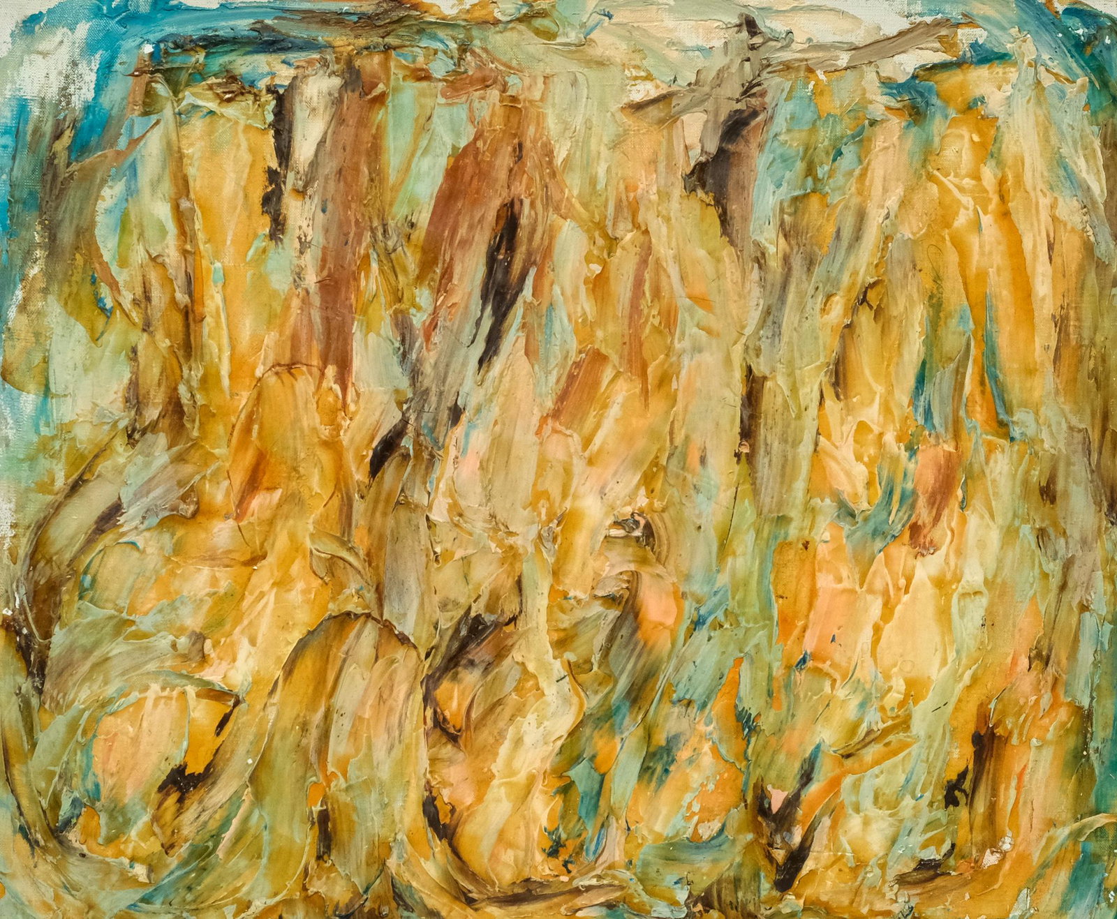 Marie Wilner, Abstract: Marie Wilner (American, born 1910), oil on canvas, heavily textural abstract in a spectrum of teal, green and orange, 20" x 24" canvas, 24" x 28 1/4" framed.