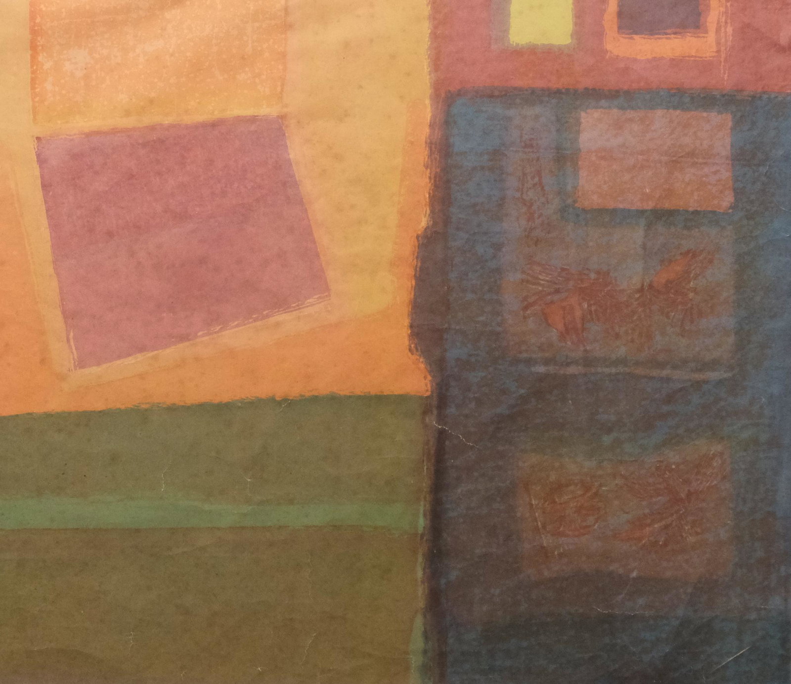 American School, Abstract Mid-Century Woodblock: American, mid-century, abstract woodblock on linen of boldly colored geometric shapes, 21" x 23 3/4" sight, 30 1/4" x 34 1/8" framed.