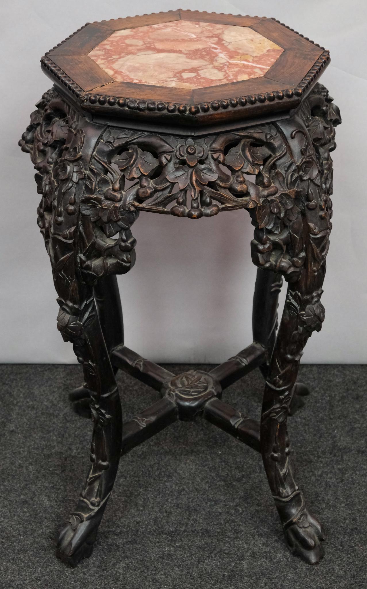 Richly Carved Chinese Hardwood Marble Inset Stand (1 of 7)