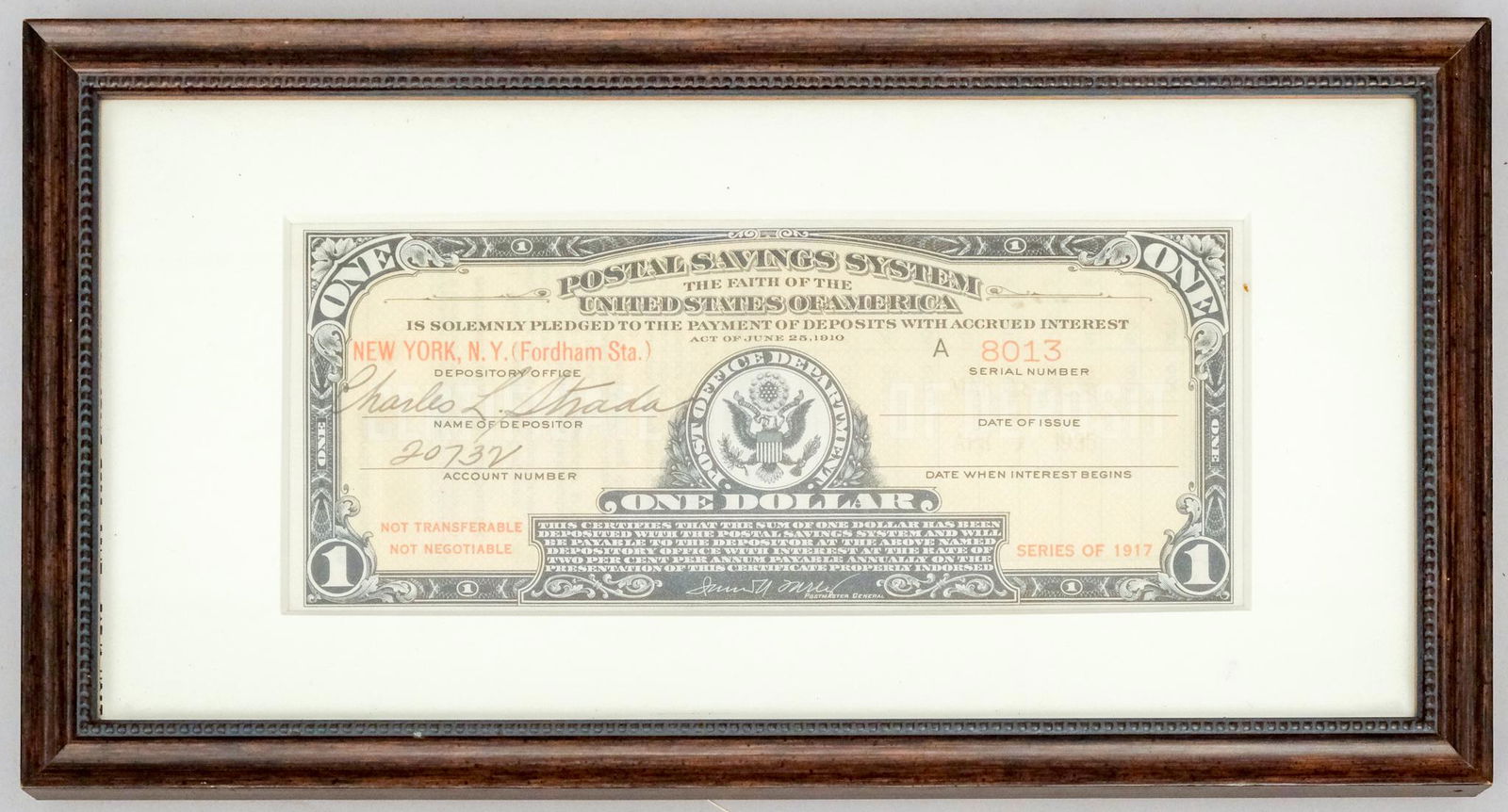 Framed Postal Savings System Certificate (1 of 5)