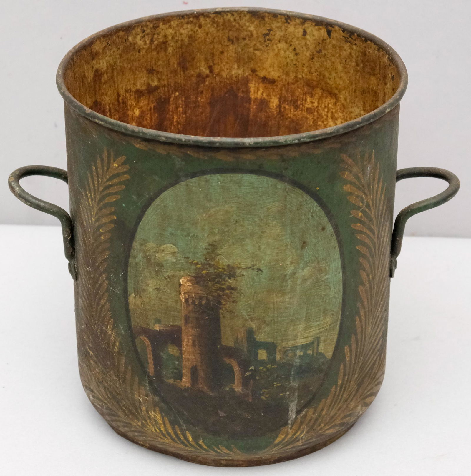 Antique Green Tole Painted Flower Pot (1 of 7)