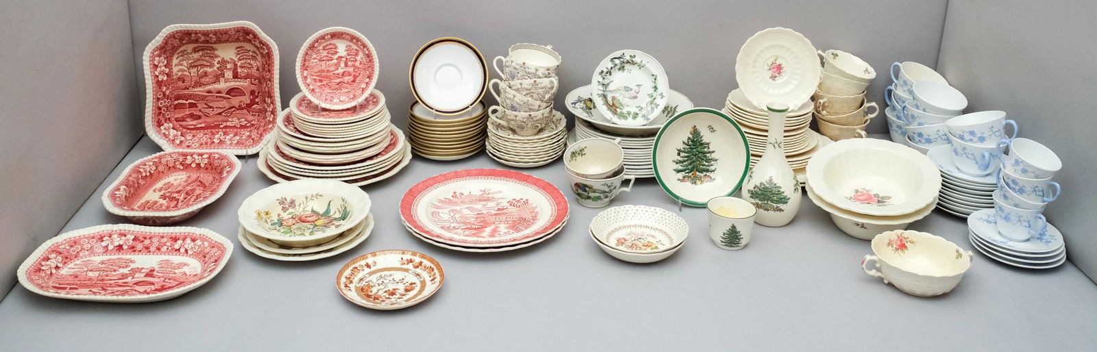 Large lot of Spode China: Comprising various forms, figures, and patterns. Largest piece is a plate 12" diameter, smallest is 2 1/2" tea cup.