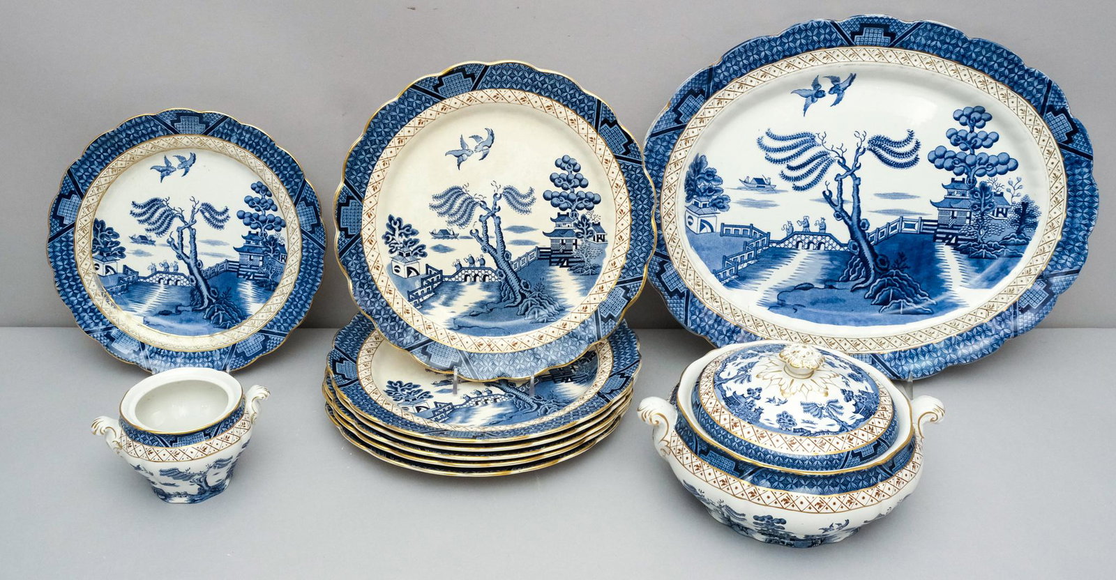Booths "Real Old Willow" Patterned Porcelain: Comprising various forms and figures. Largest piece is 13" x 17" platter.
