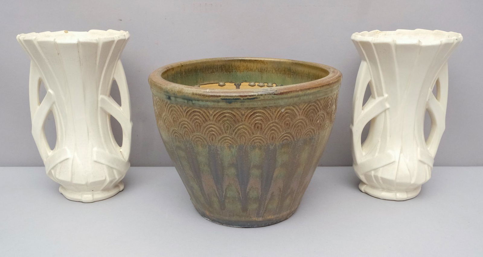 Two Antique McCoy Art Deco Vases & Glazed Planter (1 of 11)