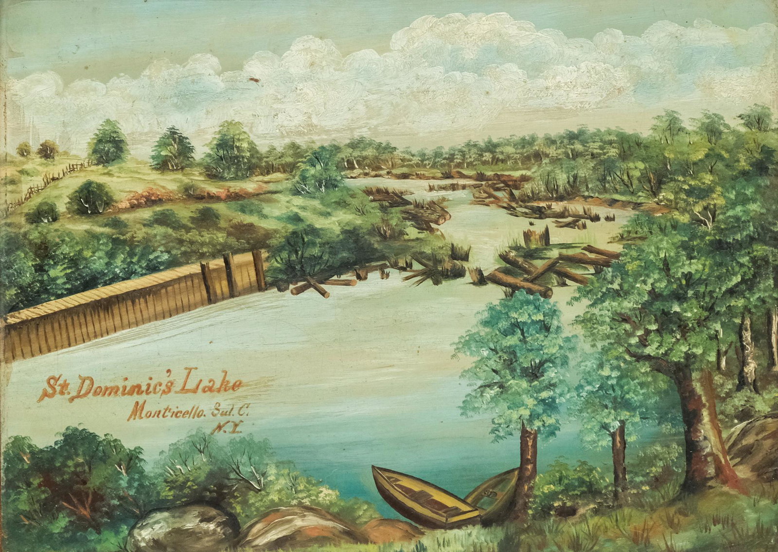 American School, St. Dominic's Lake: American, ca. 1890 oil on wood panel depicting the New York lake and surrounding forest on a cloudy day, titled within the painting, 11" x 15" wood panel, 15" x 18 1/2" framed.