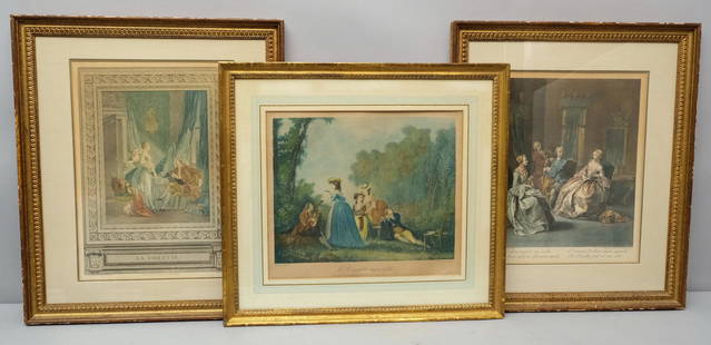 Lot of Framed French 18th Century Prints: 1) After Pierre-Antoine Baudouin, "La Toilette", 1771, engraved by Nicolas Ponce (French, 1746-1831), colored print depicting an aristocratic couple, the woman in a state of undress as her maid