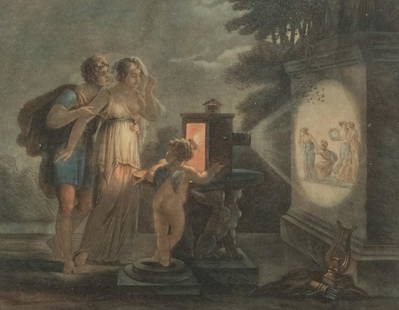 La Lanterne Magique d'Amour: After Jean-Frederic Schall (French, 1752-1825), engraved by Pierre-Michel Alix, print depicting a young man and woman observing the romantic projections illuminated by Cupid's torch, housed in a