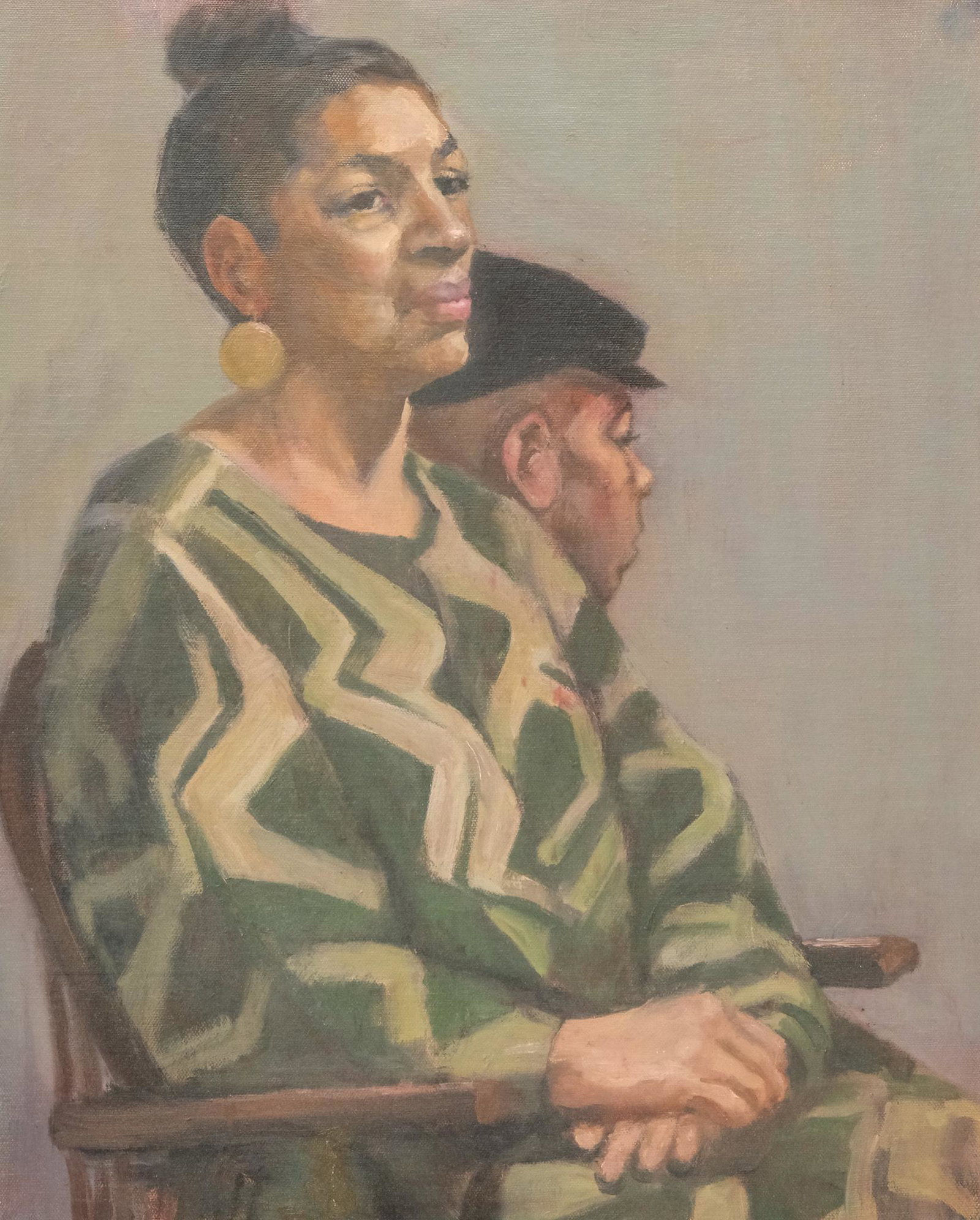 American School, Portrait of a Woman in Green: American, 20th century oil on canvas portrait of a seated woman in a green, patterned sweater looking thoughtfully to the side, a young man in a black hat is seated adjacent to her but can only be see