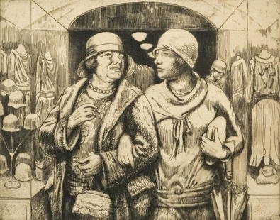 Kenneth Hayes Miller, "Leaving the Shop": Kenneth Hayes Miller (American, 1876-1952), 1930s etching of two women exiting a store arm in arm with their purchases, signed in pencil l.r., 8 1/2" x 10 1/2" sight, 14 1/4" x 18 1/4" framed.