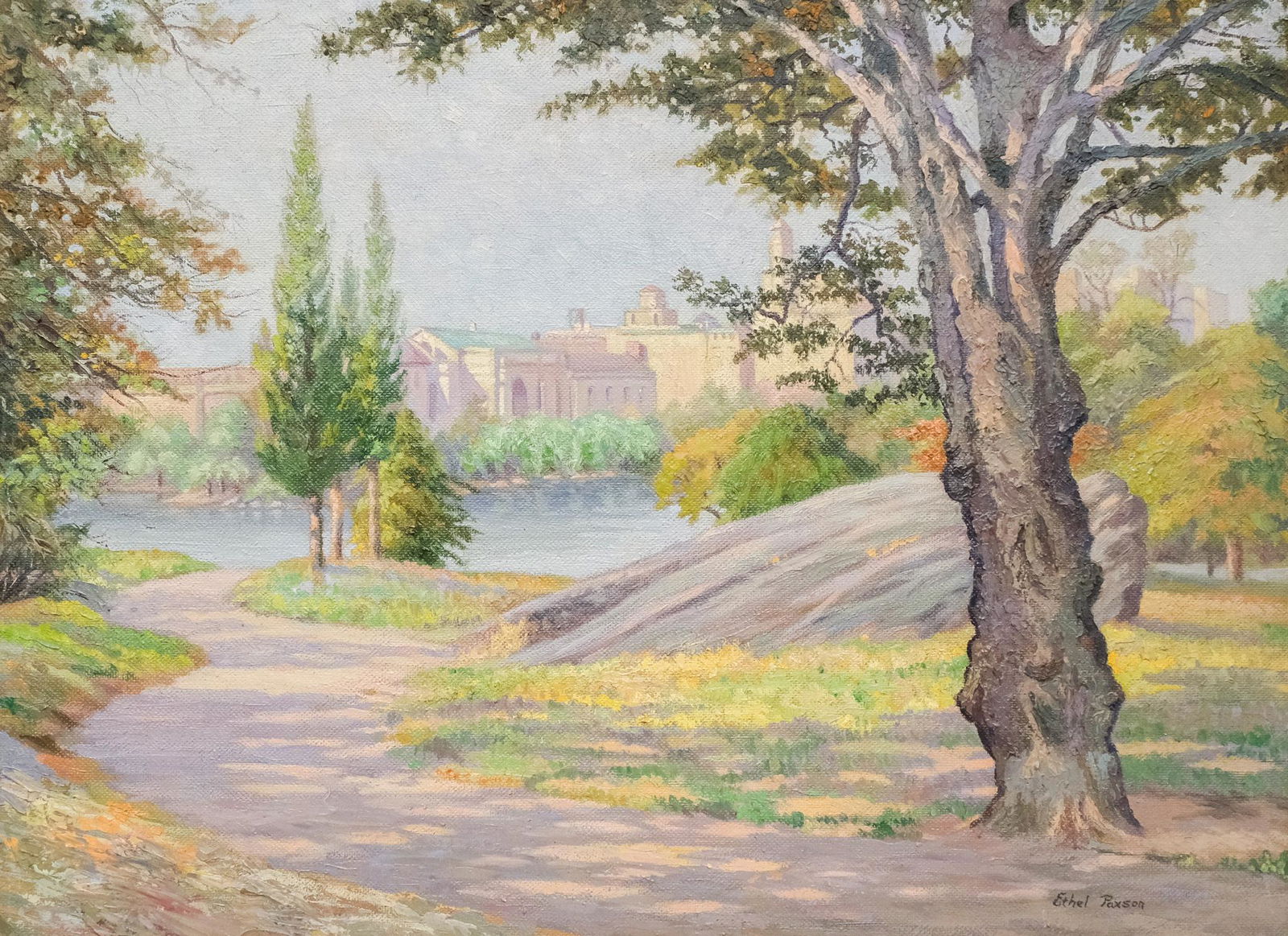 Ethel Paxson, "Summer Of 1945 Central Park": Ethel Easton Paxson (American, 1885-1982), oil on board depicting a quiet corner of Central Park in the evening, signed l.r., housed in a Newcomb Macklin frame with label, 23 1/2" x 31" board, 28 1/2"