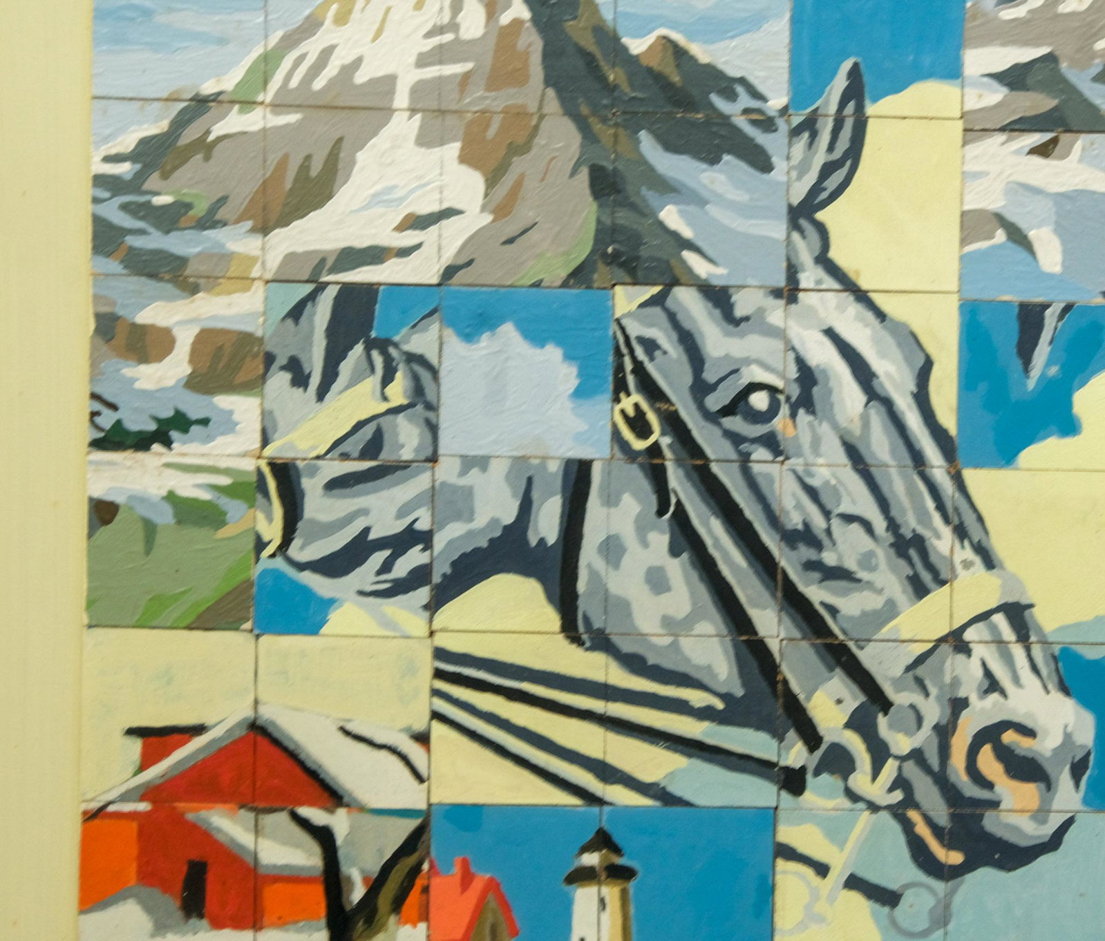 Steven Jennis, Abstract Horse 1: Steven Jennis (American, born 1945), oil on canvas, the artist uses a paint-by-numbers kit to create the initial image, adheres the canvas to board, cuts the board into square tiles and rearranges the