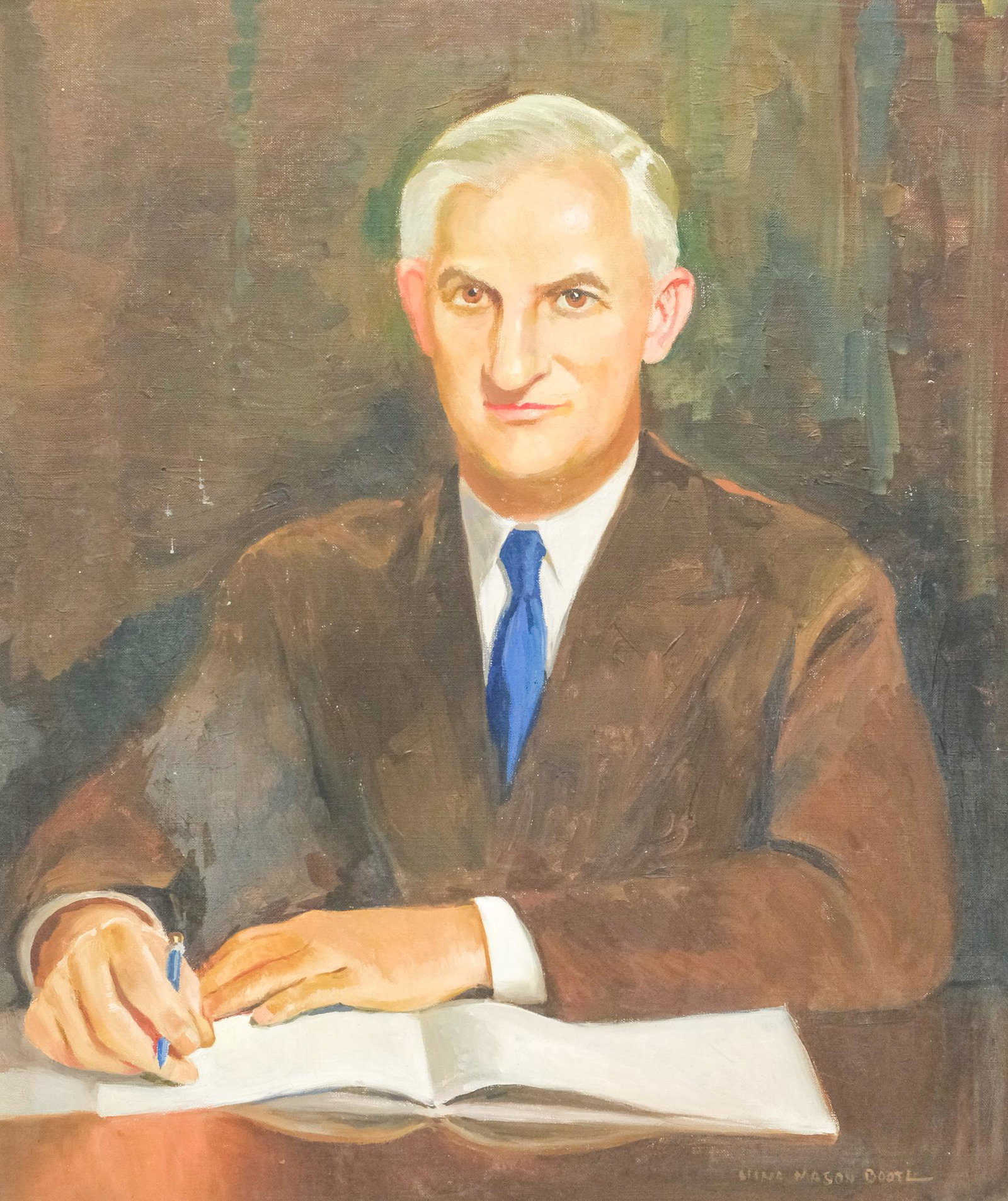 Nina Mason Booth, Portrait of a Gentleman: Nina Mason Booth (American, 1884-1957), oil on canvas portrait of a 20th century gentleman writing at a desk, signed l.r., 22" x 25" overall.