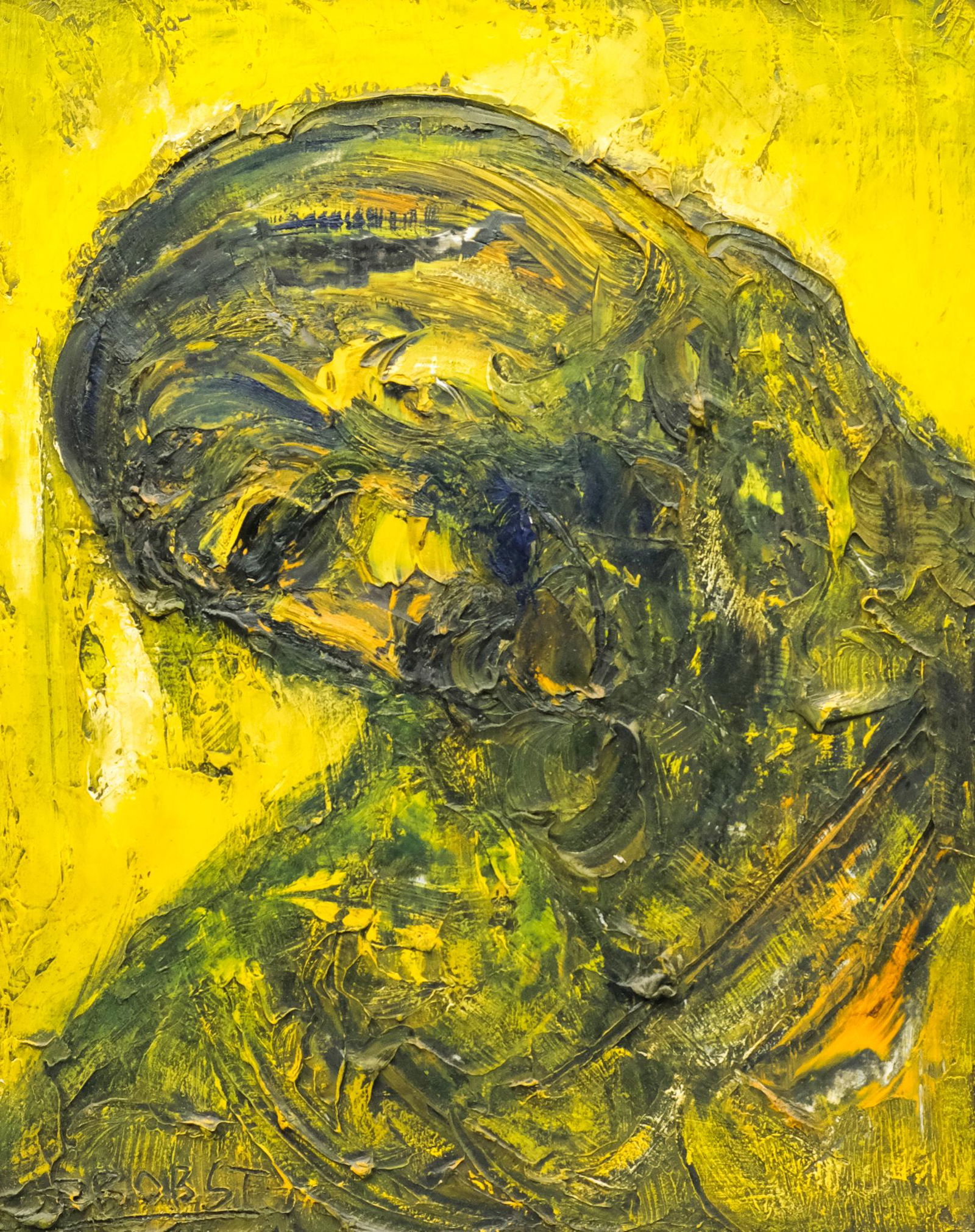 Joachim Probst, "David With Blue Ribbon In Hair": Joachim Probst (American, 1913-1980), 1960, impasto oil on board depicting a penitent David composed of the thickest dabs and brush strokes of yellow and green, the sliver of titular "blue ribbon" app