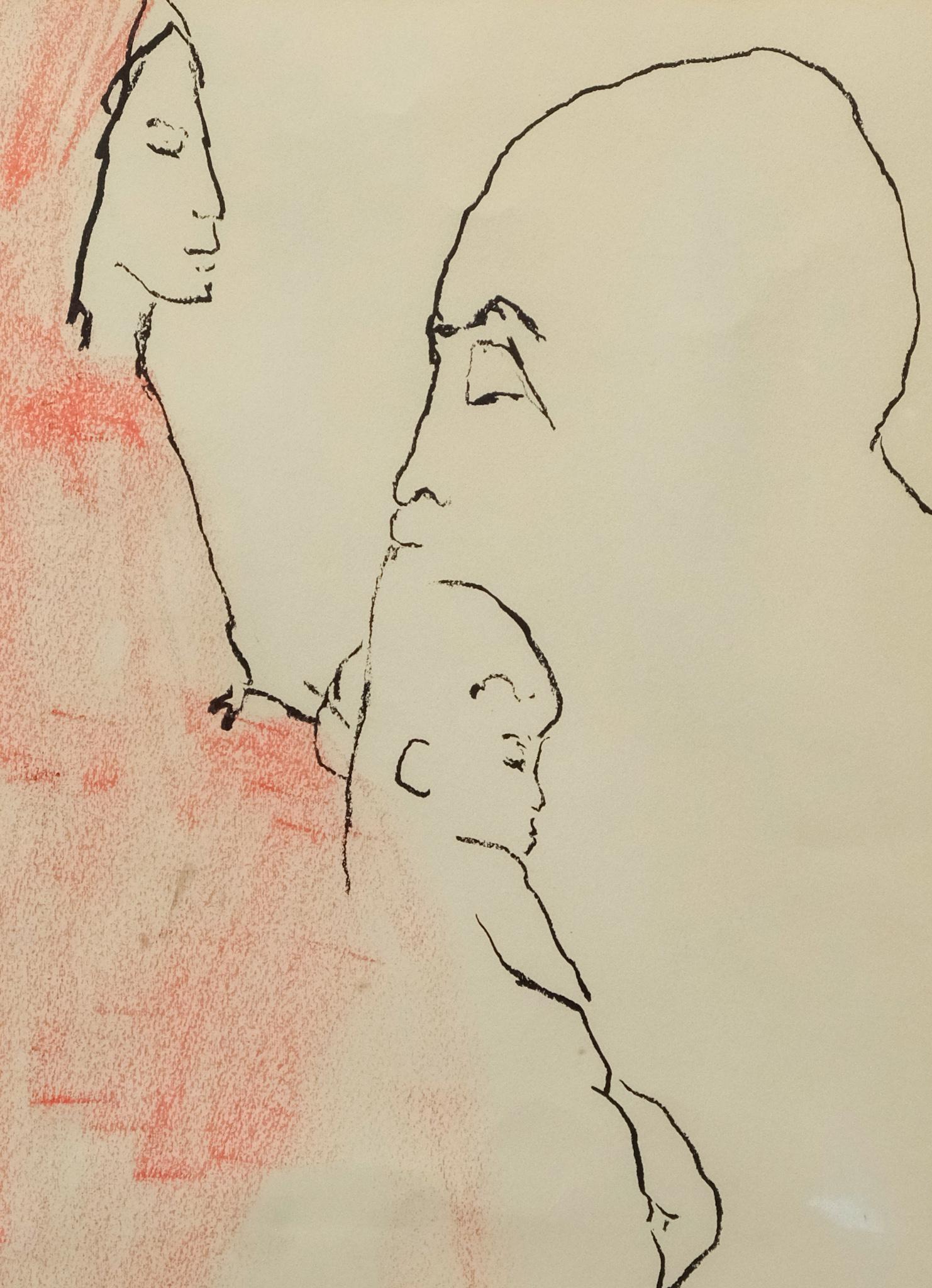 Framed Line Drawing of the Holy Family: Mid-century figural illustration of what appears to be the holy family, young veiled mother, old father holding the newborn baby, pastel used to color the mother's veil red, highlighting the toothy te