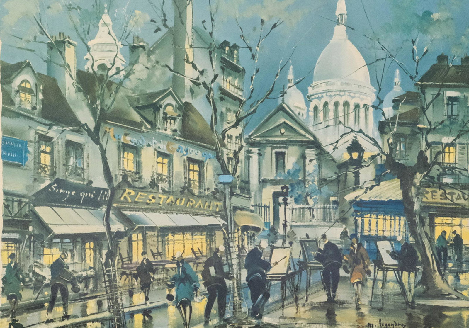 After Maurice Legendre, "Place du Tertre": After Maurice Louis Legendre (French, born 1928), print of the oil painting depicting the Parisian corner, 14 1/4" x 17 3/4" paper.