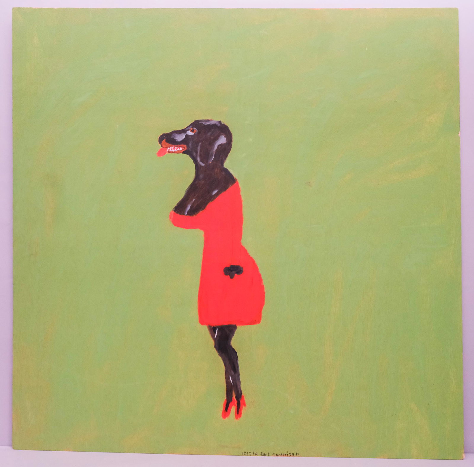 Earl Swanigan, "Dog In Red Gown": Earl Swanigan (American, 1964-2019), 10/12/19, acrylic on thin plywood depicting a voluptuously anthropomorphized dog in a little red dress and red heels, titled verso, signed and dated l.c., 48" x 48