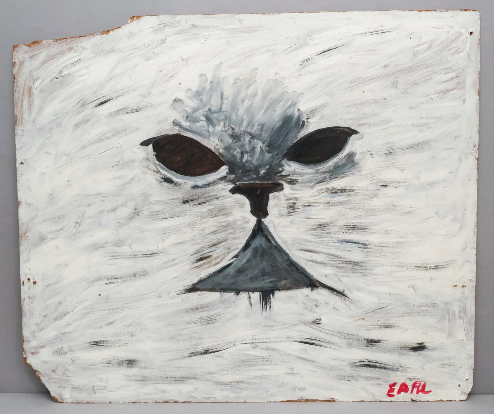 Earl Swanigan, "White Cat Head": Earl Swanigan (American, 1964-2019), 9/25/19, acrylic on masonite depicting a stern white cat's face occupying the entire surface of the masonite, titled verso, signed "EARL" in red paint l.r., 38" x 