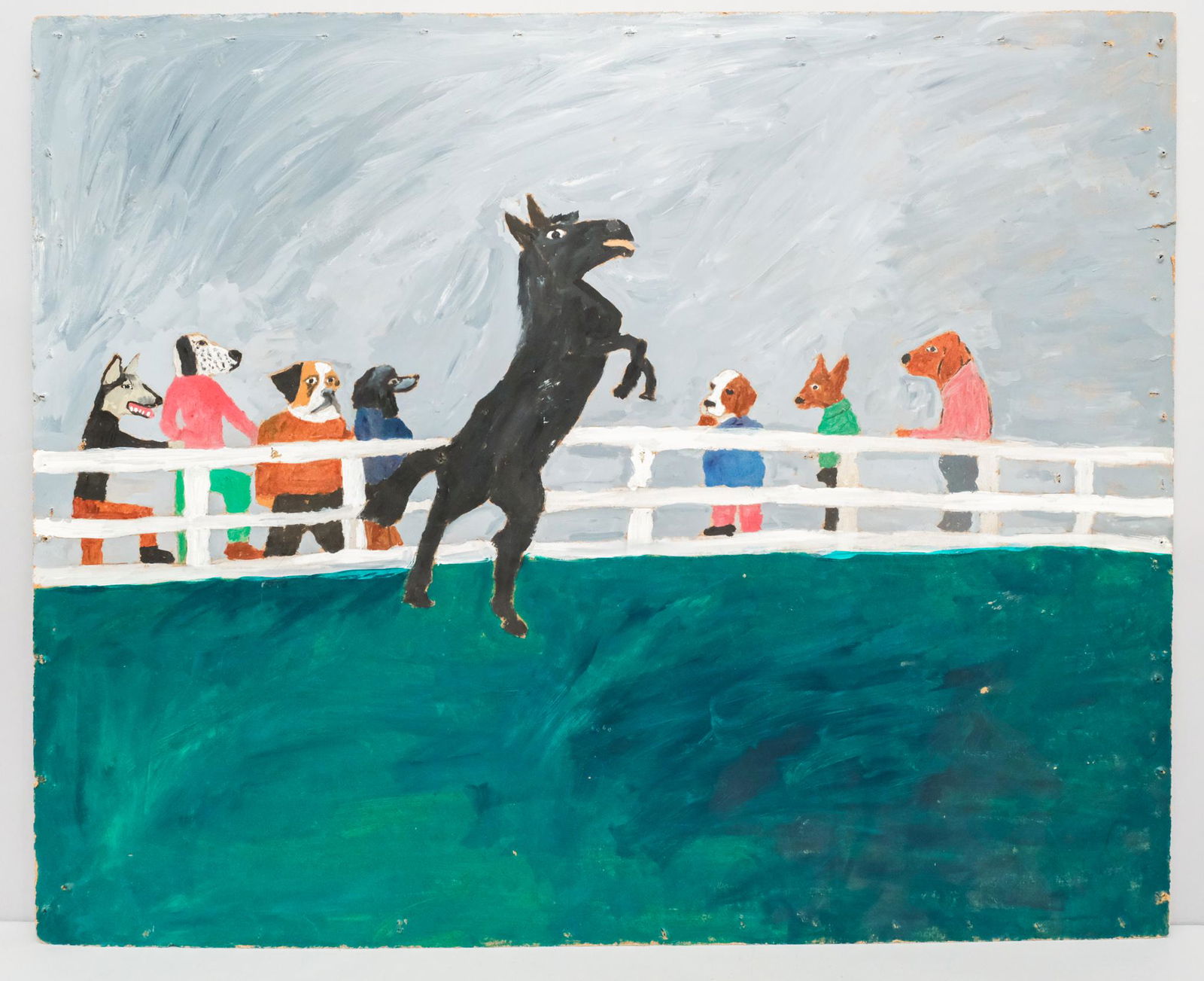 Earl Swanigan, "Coral Scene": Earl Swanigan (American, 1964-2019), 3/12/10, acrylic on masonite depicting a crowd of anthropomorphized dog figures watching a rearing horse in captivity, titled verso, signed and dated l.r., 35 1/2"