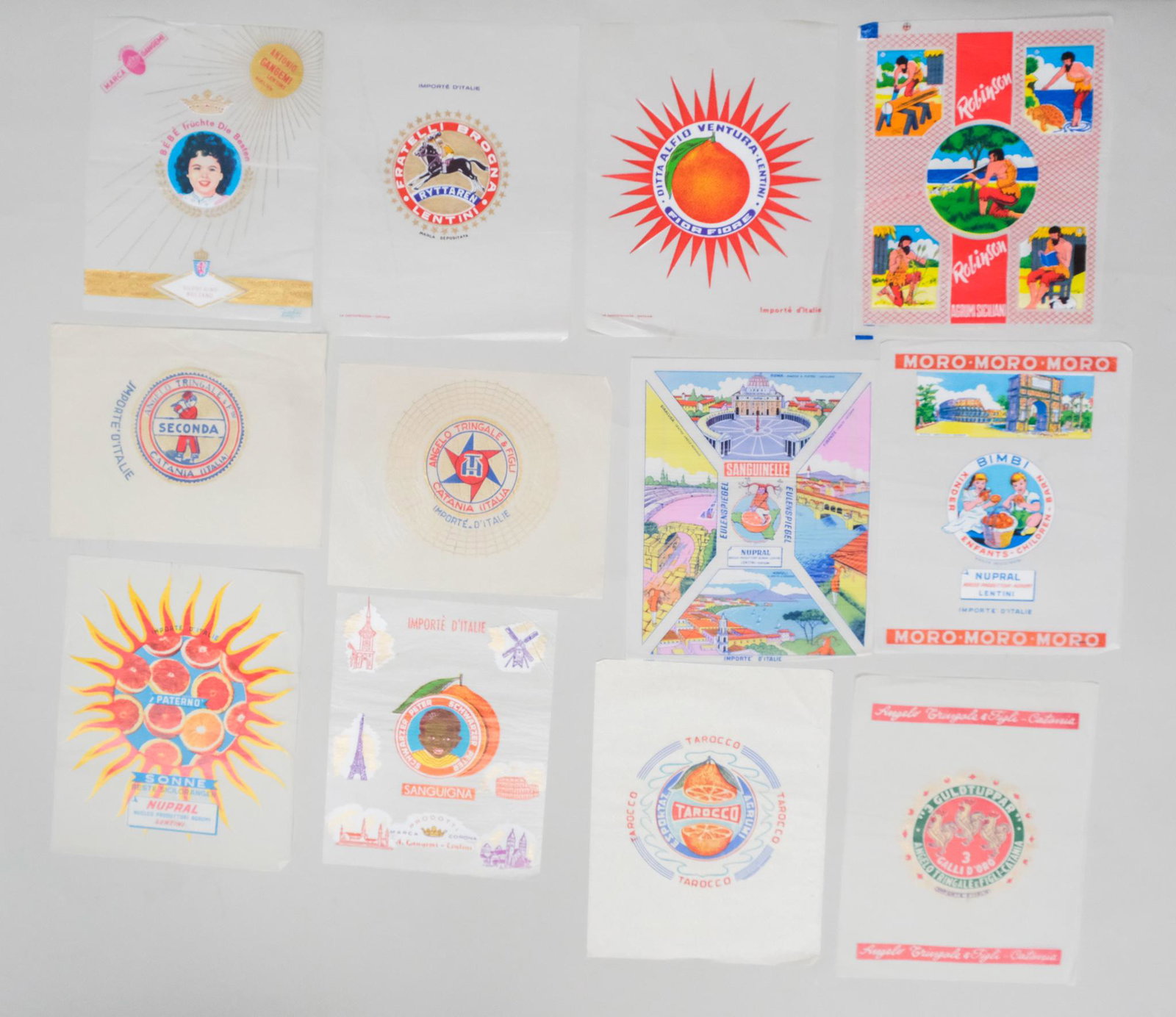 Vintage 1930s Fruit Wrappers: Gigantic amount of decorated tissue paper fruit wrappers which were used to wrap oranges, lemons, apples and pears. Many different designs and styles. Numerous copies of nearly every design. Not certa