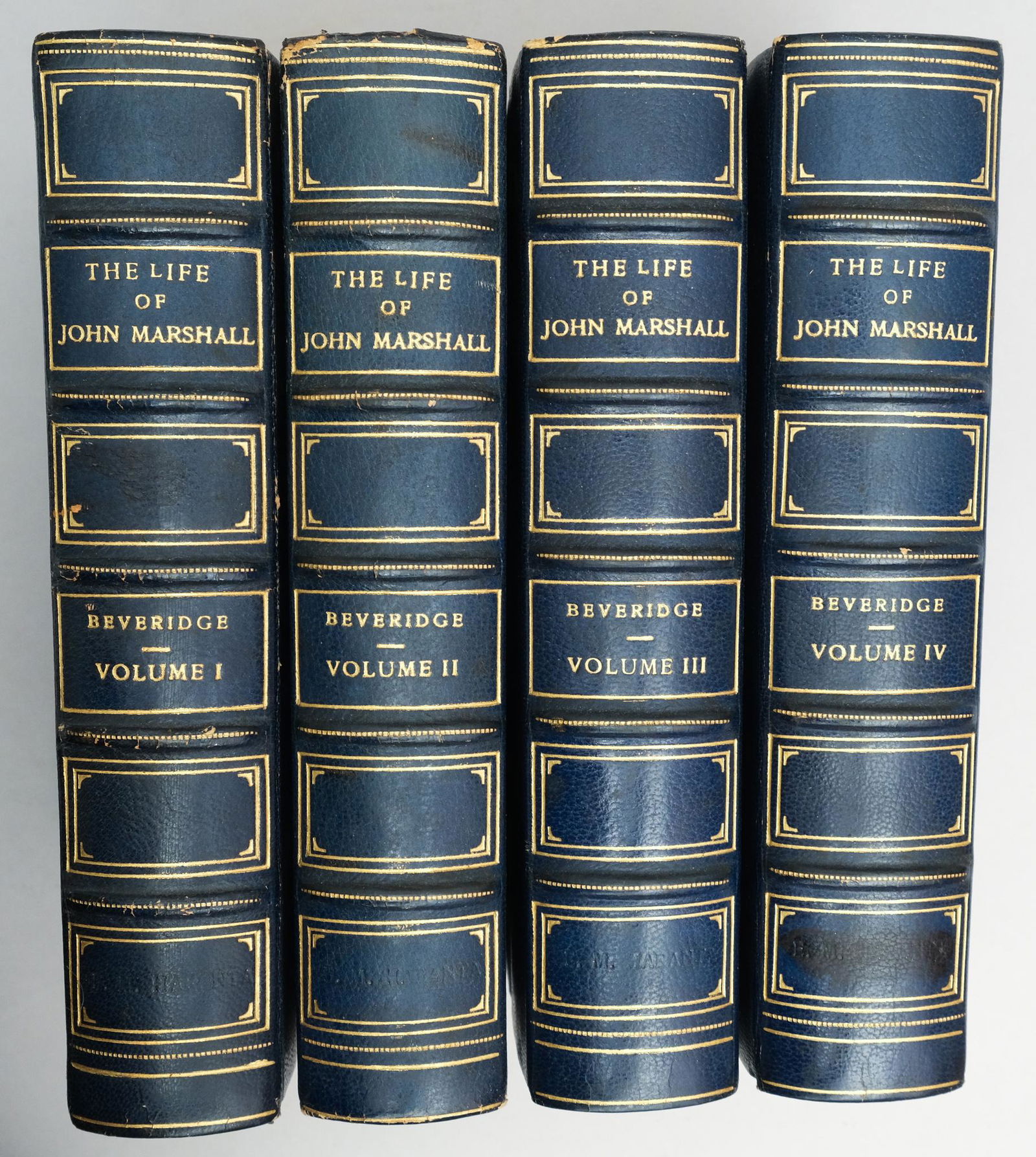 Beveridge - The Life of John Marshall 4 Vol. Set: Albert J. Beveridge, The Life of John Marshall, Houghton Mifflin Company, Boston & New York, 1916-1919, first edition. Four volumes, octavo, three-quarter-bound in blue morocco leather, gilt-paneled s
