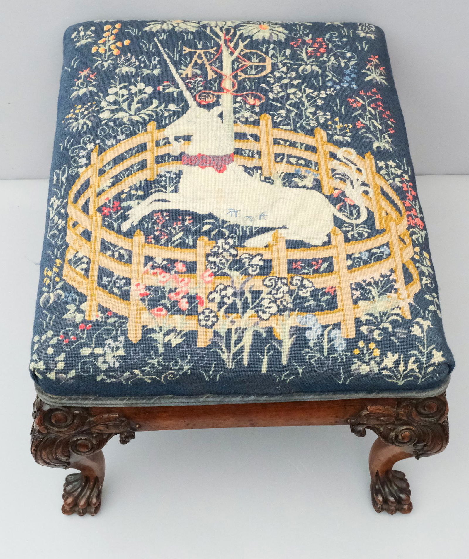 20th C. Unicorn Needlework on Walnut Footstool (1 of 10)