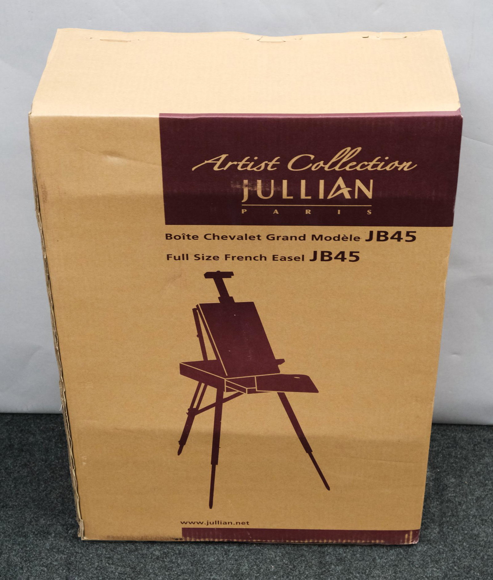 Jullian Paris Travelling Easel, New In Box: Full-size French beechwood easel from Jullian Paris, designed for travel with built-in drawer, still in box, approx. 72" H.