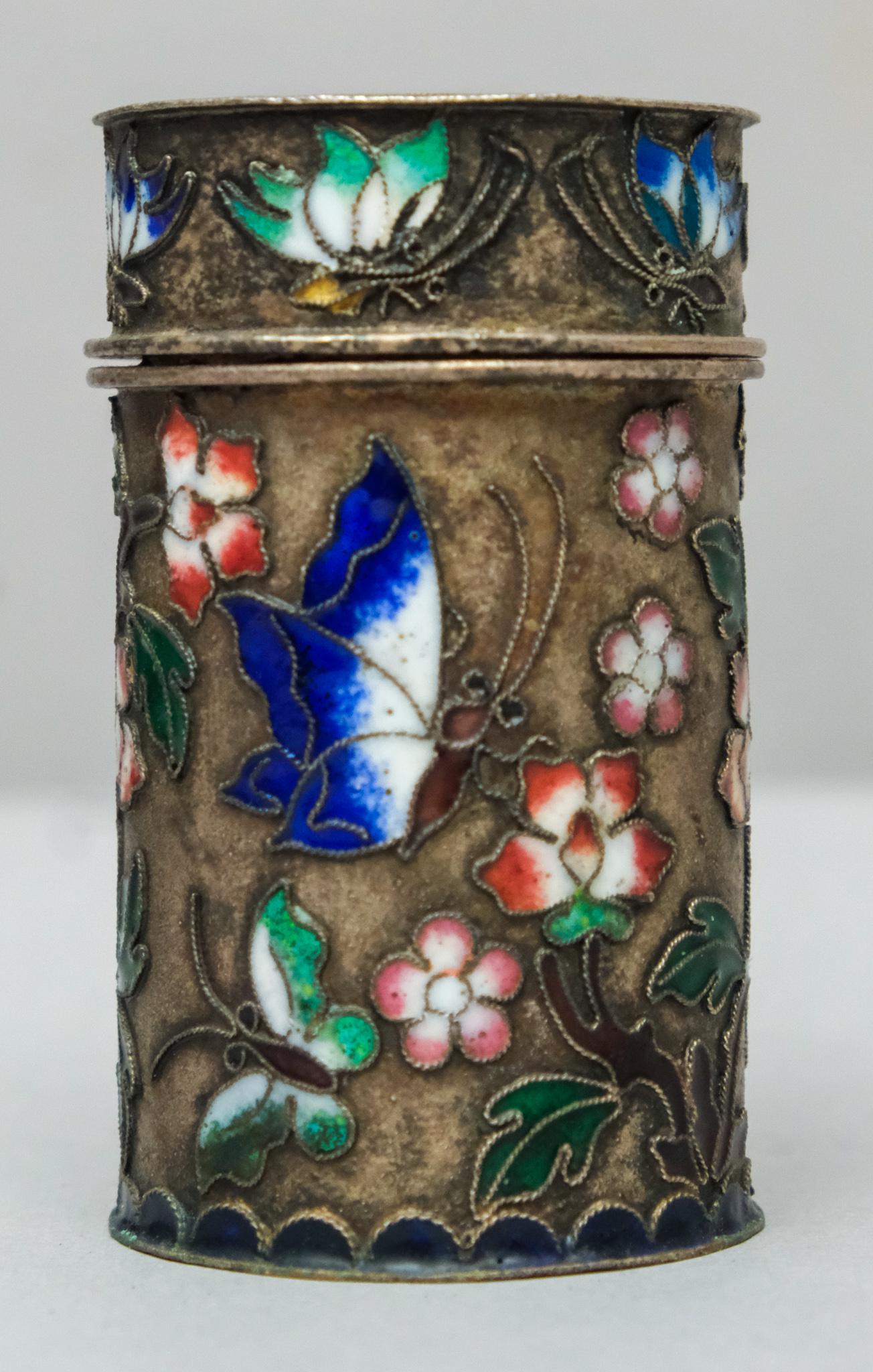 Silverplate Chinese Enamel Butterfly Box: Finely decorated with raised florals and butterflies. 1 5/8" x 3". Unmarked.