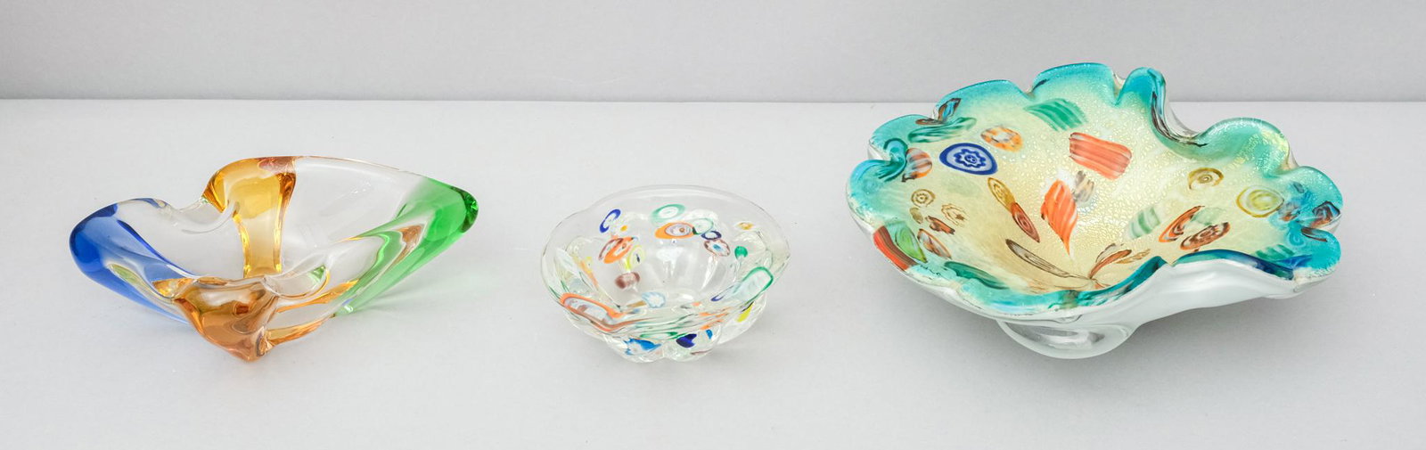 Lot of Multi-Colored Glass Vide-Poches or Dishes: Variously decorated and formed. 4 3/8" to 8 3/4".