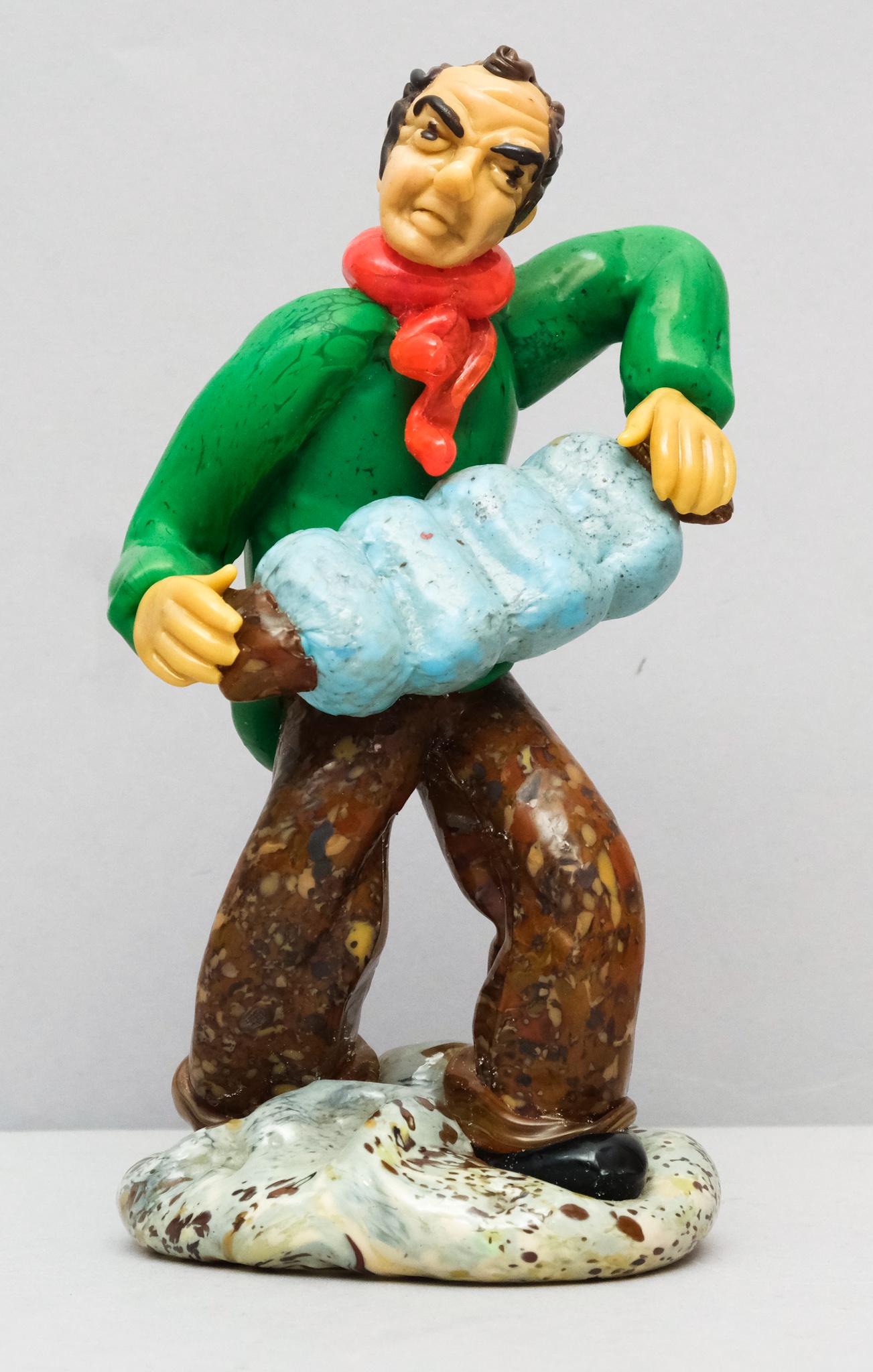 Excellent Quality Murano Glass Accordion Figurine: With green sweater and red cravat. 7 1/4".