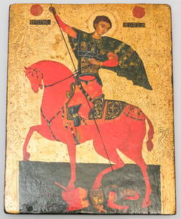 Icon of Saint Demetrius of Thessaloniki: 19th century Hungarian copy (oil on wood) of early seventeenth century Bulgarian icon of Saint Demetrius, depicted here as the soldier he was known as during his life, astride a red horse trampling