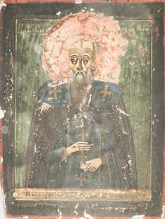 Antique Painted Ukrainian Icon of St. Nicholas: Front facing image on fruitwood with Ukrainian Cyrillic inscription, 4" x 5".