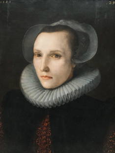 Anthonie Van Blocklandt, Portrait of a Lady: Dutch, 1585, oil on cradled panel depicting a finely dressed Dutch woman in a narrow ruff, red pattern bodice and deuil blanc, similar to Mary Queen of Scots, with a small plaque inscribed "Montfoort