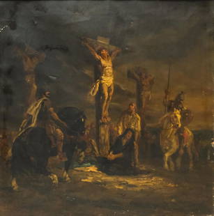 Jules Jacques Veyrassat, The Crucifixion: Jules Jacques Veyrassat (French, 1828-1893), oil on canvas depicting the suffering of Christ on the cross while his mother weeps at his feet, signed "J. Veyrassat" l.r., 32" x 32" canvas, 39" x 39"