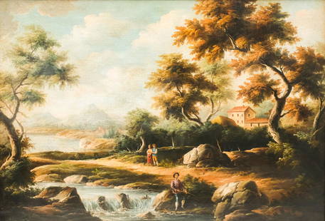 Italian School, Cottage By a Stream: Italian, 19th century oil on canvas depicting a serene scene of people by a steady stream, one man perched on a rock fishing, the other two looking out onto the water distantly, 27 1/2" x 39" canvas,