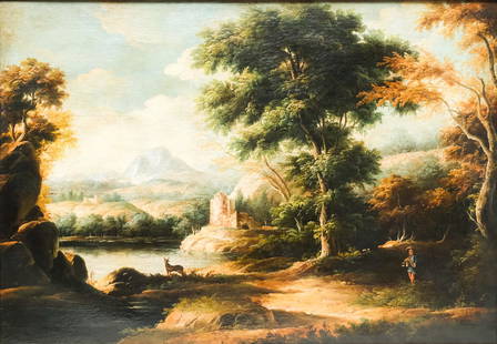 Italian School, Piper in the Woods: Italian School, 19th century oil on canvas depicting a piper in the woods, drawing the attention of an animal nearby, 27 1/2" x 39 1/2" canvas, 31 1/2" x 43" framed.