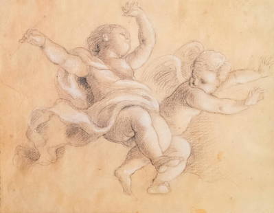 Old Master Drawing, Sketch of Cherubs: Italian or French, 19th century or earlier, charcoal sketch on paper depicting cherubic figures with drapery flying, housed in carved wooden frame with frieze of huntsmen on horseback fighting beasts