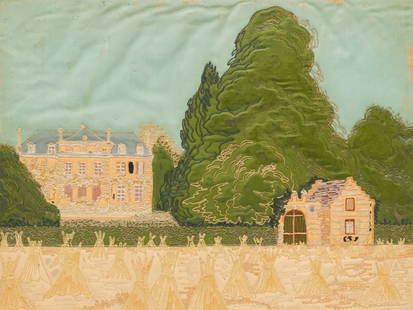 American School, Painted & Embroidered Canvas: American, 19th century painted and embroidered canvas depicting a splendid estate beyond the trees, a farmhouse and hay dominating the foreground, 19 1/4" x 24" overall.