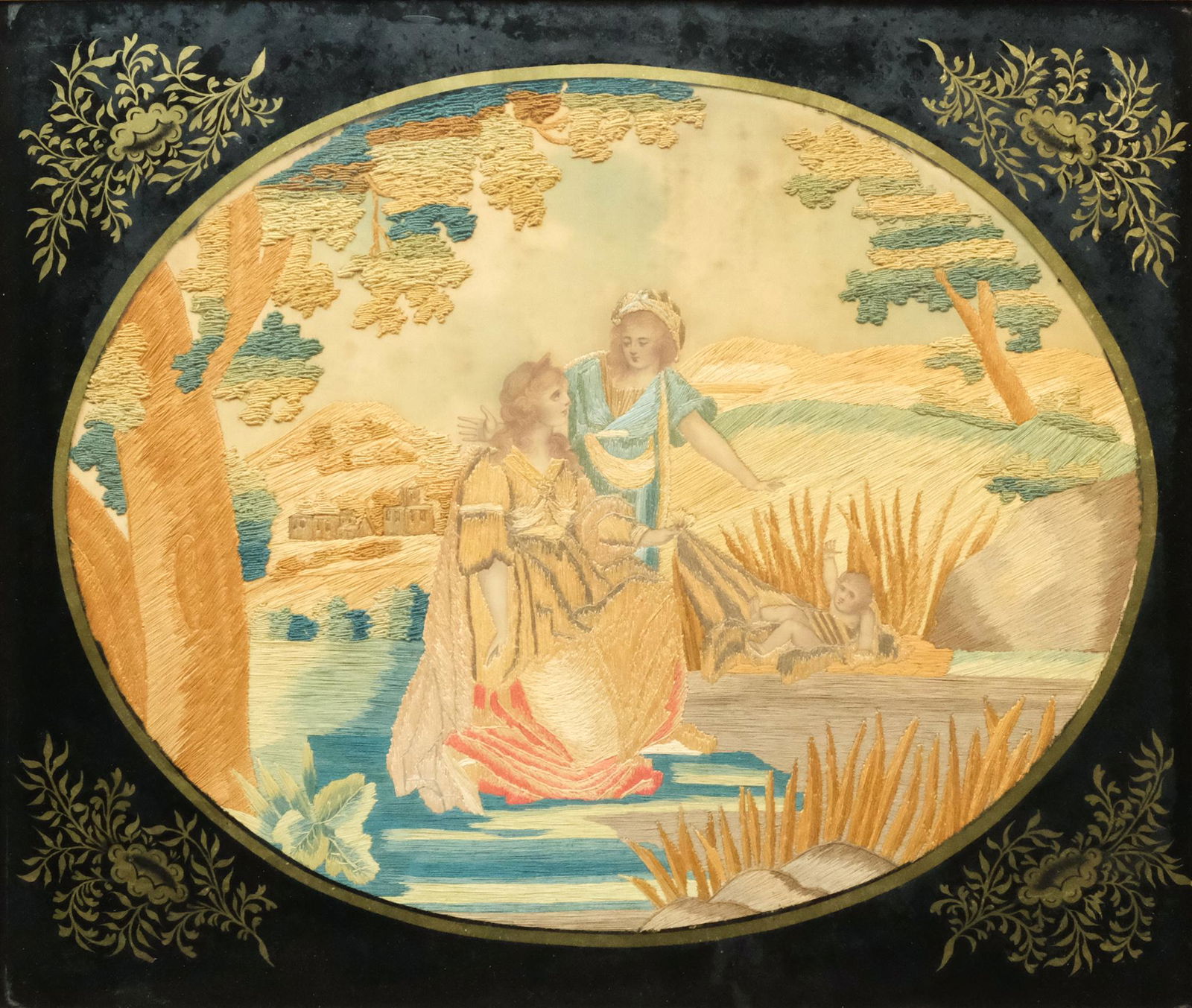 Framed 19th C. Needlework on Painted Silk Panel (1 of 7)