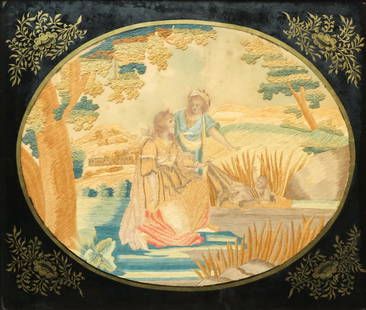 Framed 19th C. Needlework on Painted Silk Panel: 19th century needlework on painted silk depicting the Pharaoh's daughter finding the infant Moses among the bulrush of the Nile, 13 1/2" x 17" sight, 22" x 25" framed.