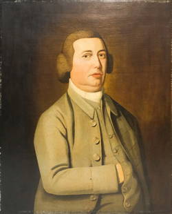 American School, Folk Art Portrait of a Gentleman: American, 19th century folk art oil on canvas depicting a stately gentleman in a gray suit and powdered wig, probably from the Mountford family as noted verso, 23 3/4" X 29 1/4" canvas.