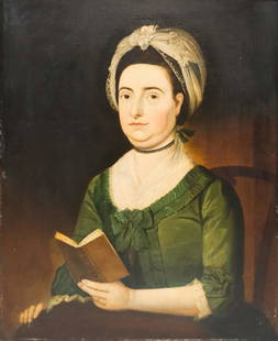 American School, Folk Art Portrait of a Lady: American, 19th century folk art oil on canvas depicting a fashionable lady with pierced ears and a book in her hand, probably from the Mountford family as noted verso, 23 3/4" X 29 1/4" canvas.