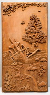 Carved Wooden Relief Panel: American, 19th century carved wooden relief panel depicting a plethora of animals around a tree and an abandoned plow, 11 1/2" x 23" overall.