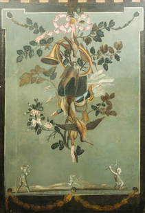 European, 18th C. Monumental Wall Panel (Hunt): European, 18th century monumental oil on canvas wall panel with an allegorical composition representing the hunt, complete with quiver of arrows, dead birds, and triumphal horn, 49 1/2" x 66" overall.