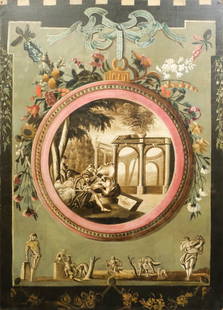 European, 18th C. Monumental Wall Panel: European, 18th century monumental oil on canvas wall panel edged with floral accents, small figures lining the bottom, and an allegorical scene in the center, 49 1/2" x 66" overall.