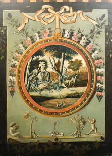 European, 18th C Monumental Wall Panel (Stag Hunt): European, 18th century monumental oil on canvas wall panel edged with floral accents, small figures lining the bottom, and a stag hunting scene in the center, 49 1/2" x 66" overall.