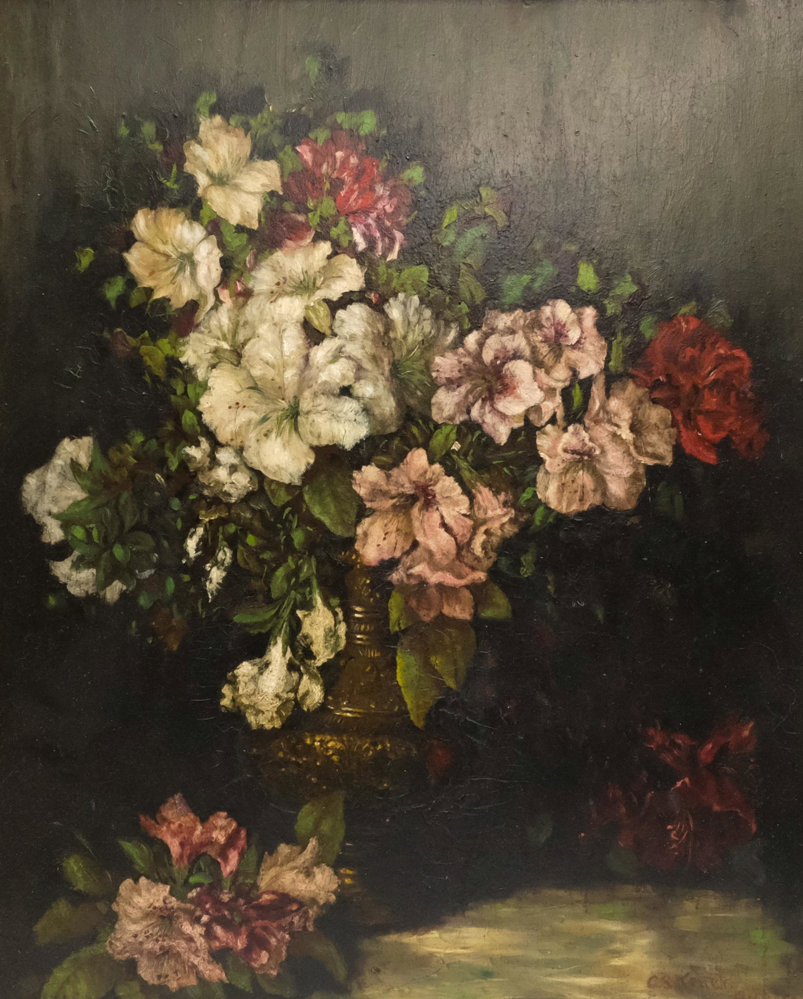 American School, 19th C. Floral Still Life: American, 1898, oil on board depiction of a floral arrangement on a table, the reflective surface of the vase visible between shadows, signed "G. S. Keller" or "C. S. Keller" and dated l.r., 18" x 22 