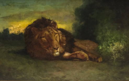 Carducius Plantagenet Ream, "Sated State": Carducius Plantagenet Ream (American, 1837-1917), oil on canvas depicting a mildly curious but mostly lazy lion recumbent on the ground, signed "C.P. Ream" l.r., 14 1/2" x 22 1/2" canvas, 22 1/2" x