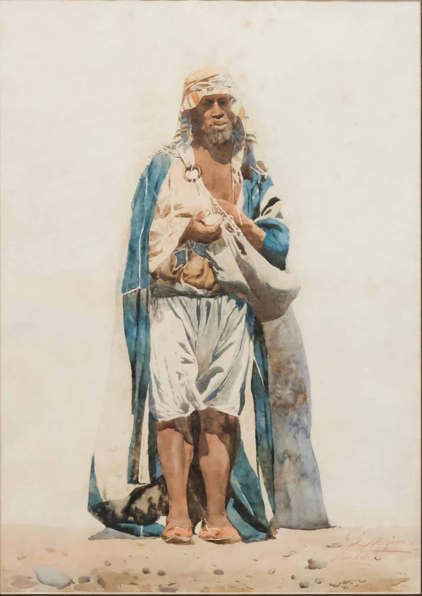 Gabriel Lekegian, Portrait of an Egyptian Man: Gabriel Lekegian (Armenian, 1853-1920), late 19th century watercolor on paper depicting an Egyptian man in bright blue, signed "G. Lekegian" and illegibly titled (possibly "Istanbul") l.r., 14 1/4" x 