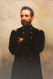 William Morris Hunt, Maj. Chas. Jarvis of Vermont: Attributed to William Morris Hunt according to family, late 19th century oil on canvas depicting Major Charles Jarvis of Vermont, standing with arms crossed before a gray background, signed with "WMH"