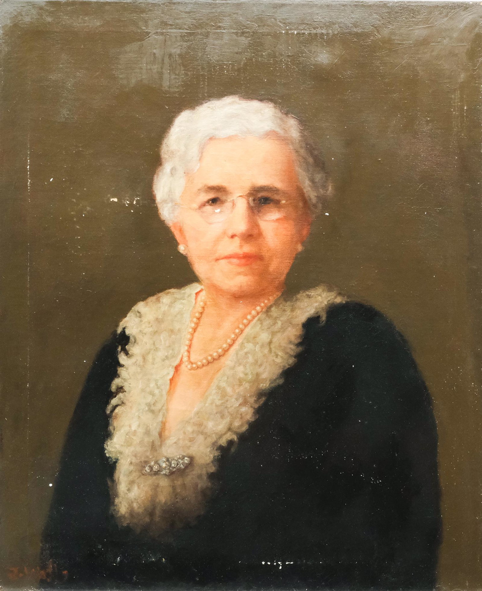 American School, Portrait of a Lady: American, early 20th century oil on canvas portrait of a dignified older lady with wavy white hair and pearls, signed l.l., 25" x 30" canvas.